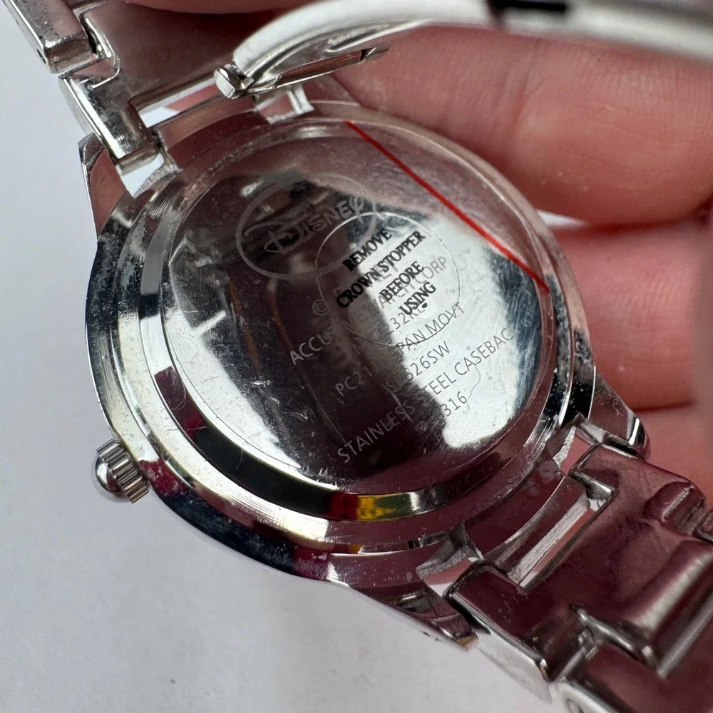 Disney Mickey Mouse Silver Watch Diamonds  Accutime Stainless NEEDS Battery